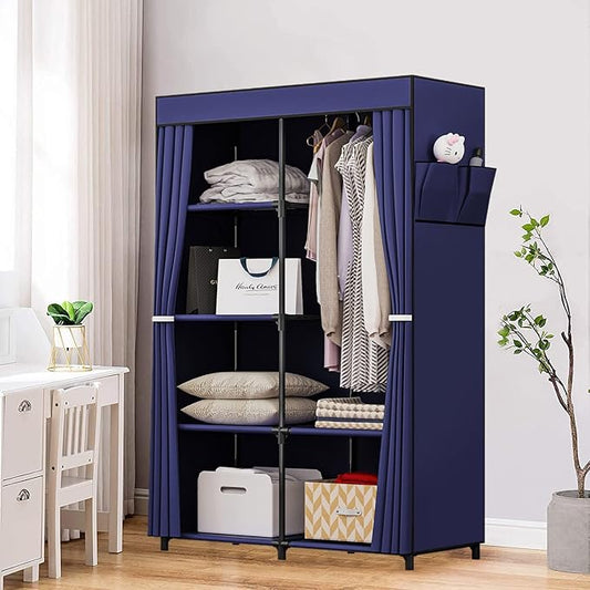 36 Inch Portable Wardrobe Closet Clothes Organizer with Metal Shelves and Dustproof Non-Woven Fabric (Blue)
