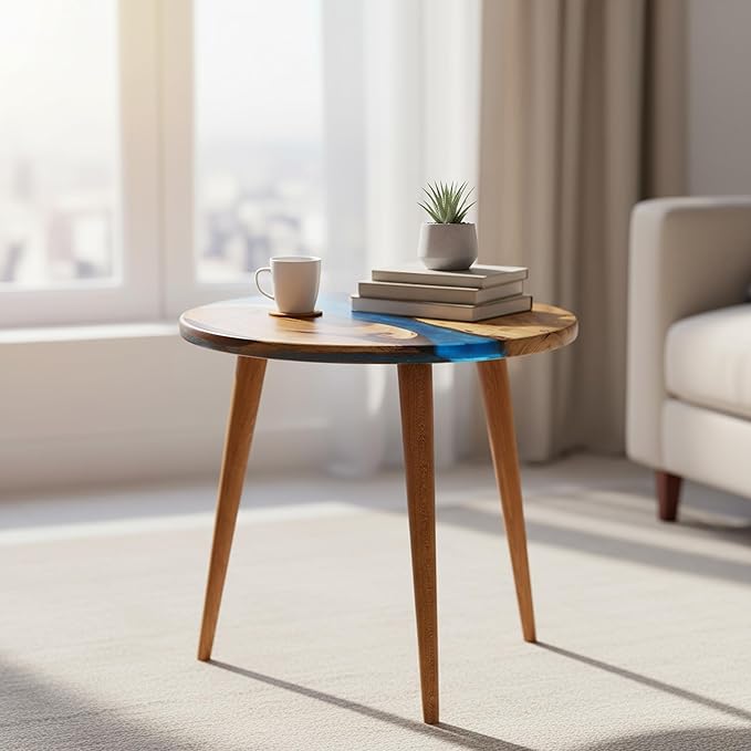 20" Resin Walnut Round Side Table | Epoxy End Table | Coffee Table | Mid Century Modern Resin Walnut | Living Room Furniture | Blue Color