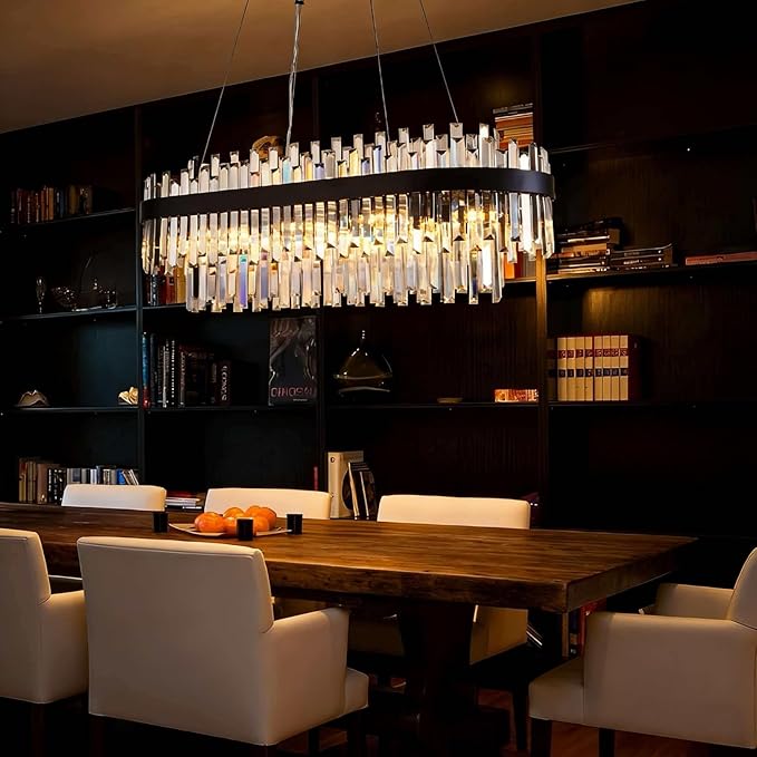 Black Crystal Chandelier for Dining Room, 35.4" Modern Luxury 2-Tier K9 Crystal Oval Chandelier, 10-Light E12 Base Pendant Light Fixture, Height Adjustable for Kitchen Island Living Room