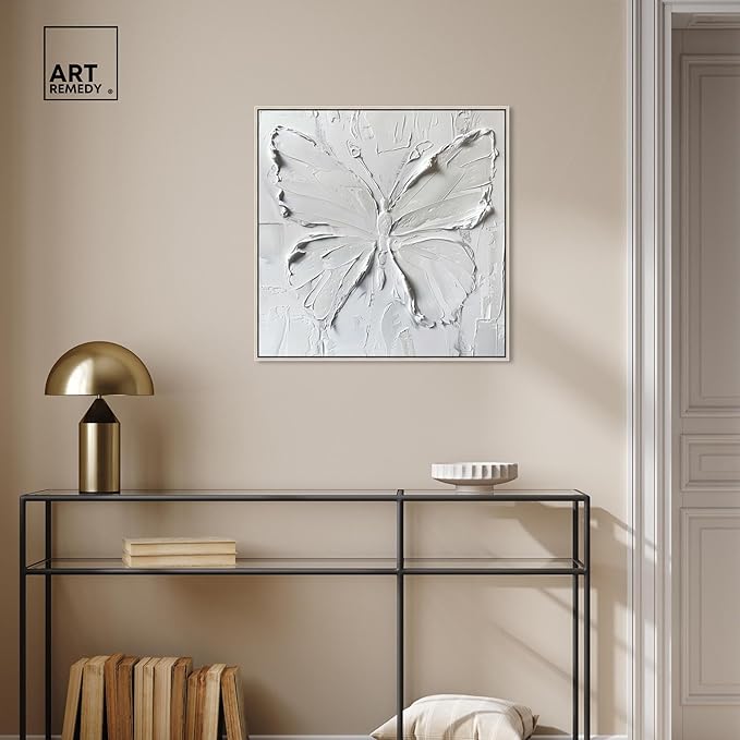 Art Remedy White Butterfly Canvas Elegant White Gold Wall Art, Silver Frame, 24" x 24"
