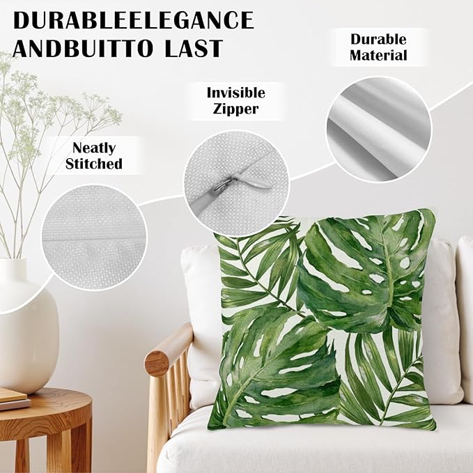 Summer Tropical Pillow Covers 16x16 Set of 2 Green Palm Leaf Decorative Throw Pillows Case Monstera Botanical Leaves Tropical Outdoor Cushion Cover for Sofa Couch Garden Home Decor