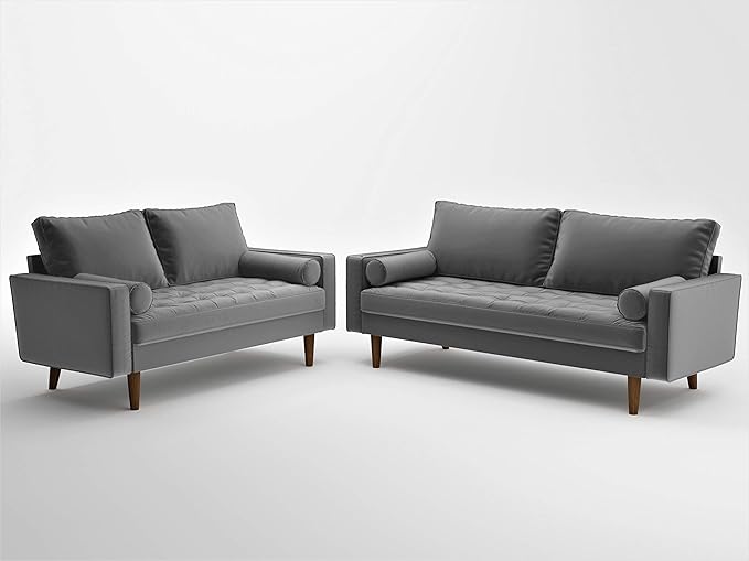 Container Furniture Direct Womble Modern Velvet Upholstered Living Room Diamond Tufted Chesterfield with Gleaming Nailheads, Loveseat, Sofa, Silverish Grey