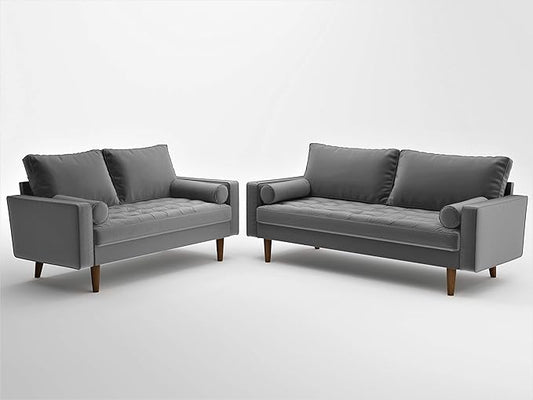Container Furniture Direct Womble Modern Velvet Upholstered Living Room Diamond Tufted Chesterfield with Gleaming Nailheads, Loveseat, Sofa, Silverish Grey