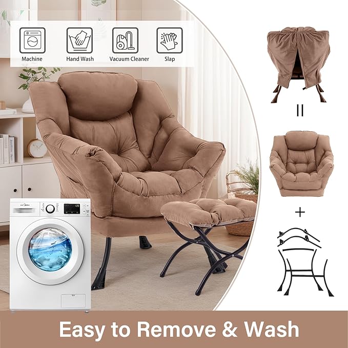 Lazy Chair with Ottoman, Large Khaki Accent Chair with Ottoman, Comfy Reading Armchair, Leisure Sofa Chair for Living Room, Bedroom, Dorm Room, Office