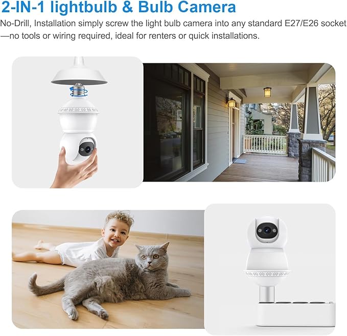 Light Bulb Security Camera, 5G/2.4GHz WiFi Lightbulb Cameras Outdoor for Home Security,Smart AI Human Detection,Color Night Vision, 2-in-1 Bulb Security Camera with LED Light E27 Compatible (2Pack)