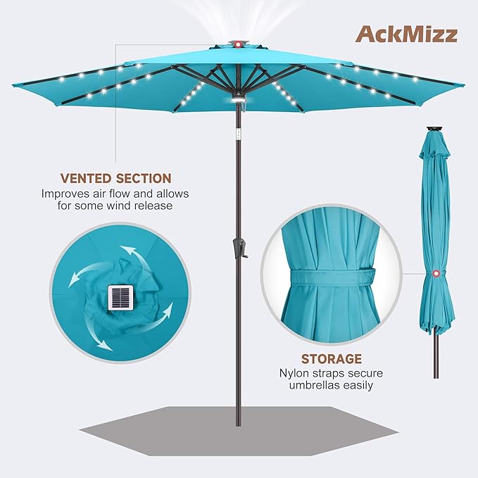 10ft Solar Umbrella Outdoor - Lighted Solar Patio Umbrella with 40 LED Lights Waterprool UV Protection, Table Umbrella with Tilt for Pool, Porch, Garden, Deck, Backyard (Aqua Blue)