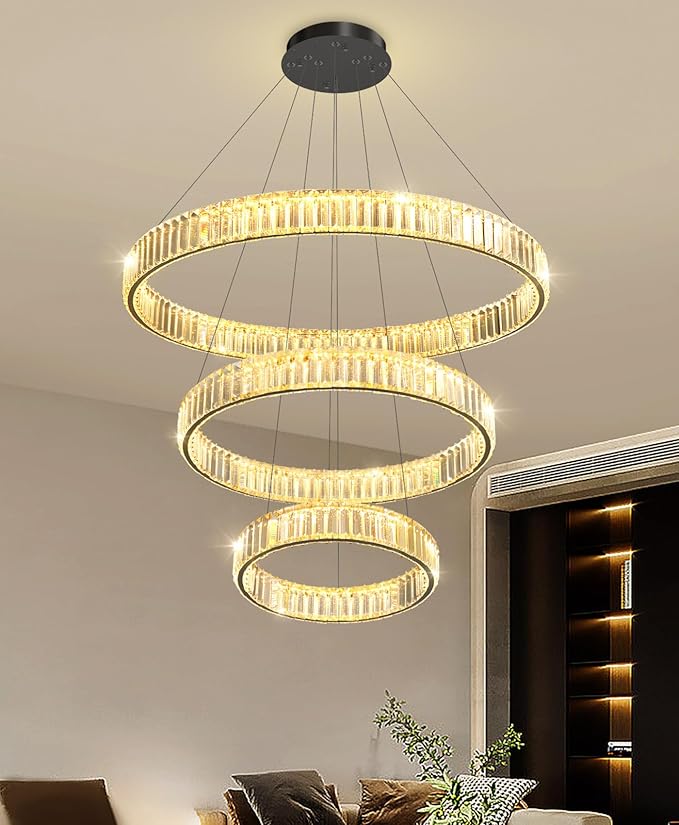 16‘’+24‘’+32'' Modern Ring Chandelier Crystal Chandeliers for Dining Room Round LED Dimmable Ceiling Light Fixture for Living Room Bedroom Lighting Black