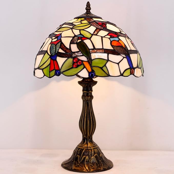 WERFACTORY Tiffany Table Lamp Mix Color Stained Glass Bedside Lamp Double Birds Reading Desk Light 12X12X18 Inches Decor Bedroom Living Room Home Office S805 Series