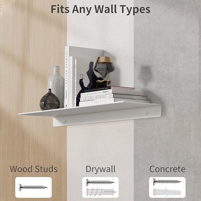 Danpoo White Floating Shelf for Wall Storage, Metal Wall Shelves for Living Room/Bathroom/Kitchen, Bedroom, 20” Long Display Shelf for Collectibles