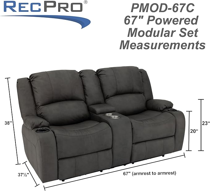 RecPro Charles 67" Powered Double RV Wall Hugger Recliner Sofa RV Loveseat with Upgraded 2023 Fabric (Gunmetal)
