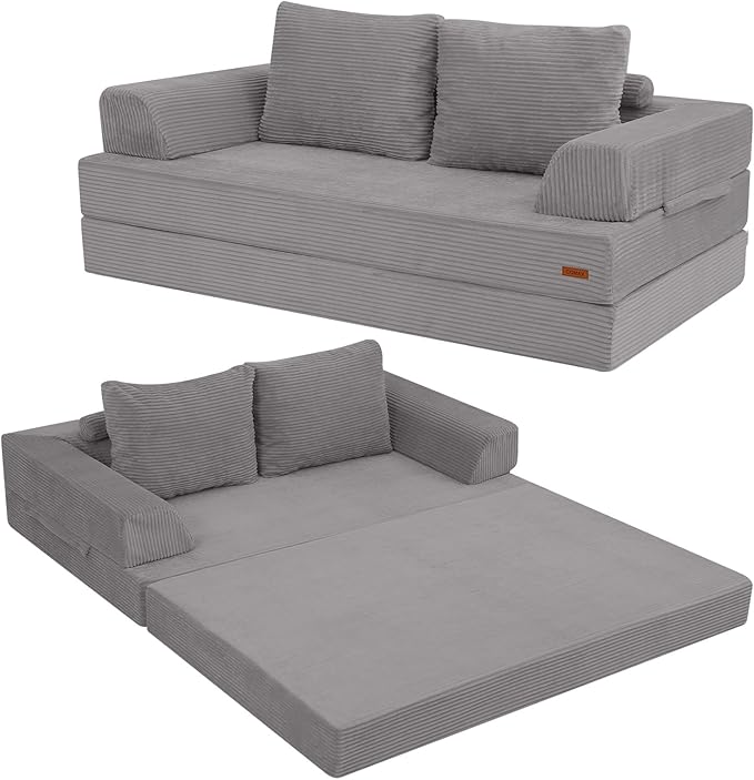 COMAX Futon Sofa Bed, Convertible Folding Sofa Bed, Boneless Couch Loveseat Corduroy with Pillows, Small Foldable Floor Couch Comfy Lounge Sleeper for Living Room Bedroom, Light Grey