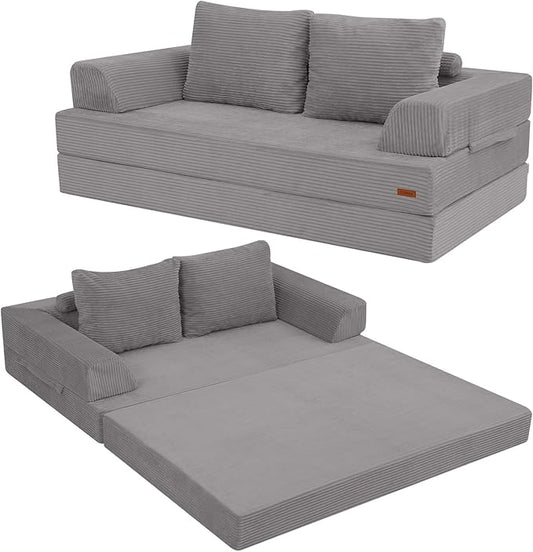 COMAX Futon Sofa Bed, Convertible Folding Sofa Bed, Boneless Couch Loveseat Corduroy with Pillows, Small Foldable Floor Couch Comfy Lounge Sleeper for Living Room Bedroom, Light Grey