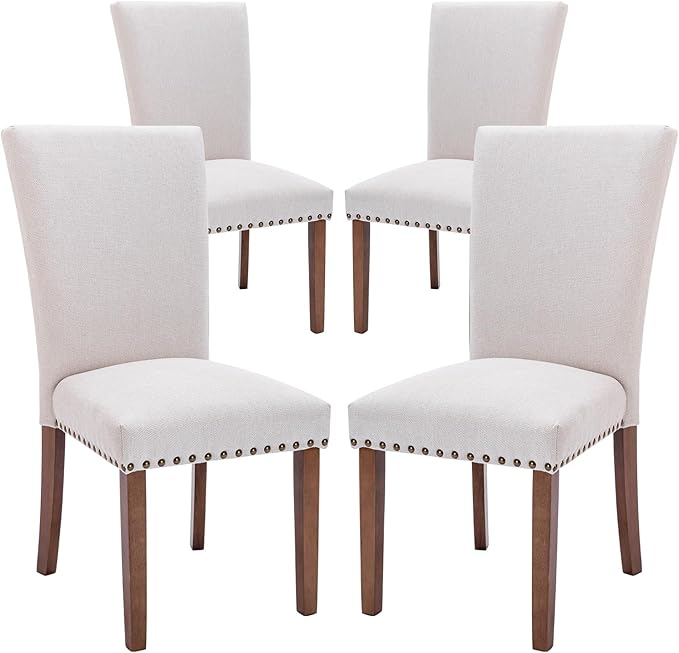 COLAMY Upholstered Parsons Dining Chairs Set of 4, Fabric Dining Room Kitchen Side Chair with Nailhead Trim and Wood Legs - Beige,No Table