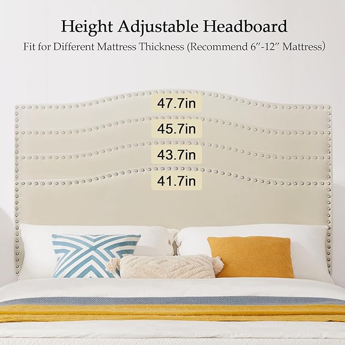 VECELO Queen Bed Frame, Platform Bed Frame with Adjustable Height Upholstered Headboard, Heavy-Duty Frames and Strong Wooden Slats Support, Non-Slip and Noise-Free, Easy Assembly, Beige