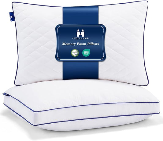 Shredded Memory Foam Pillows Standard Size Set of 2, Soft Bed Pillow for Side and Back Sleepers, Medium Firm Pillows 2 Pack with Gusset(20"x26")