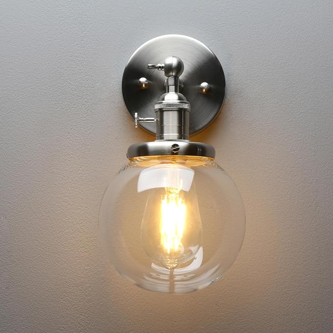 PERMO Vintage Industrial Wall Sconce Lighting Fixture with Mini 5.9" Round Clear Glass Globe Hand Blown Shade (Brushed)