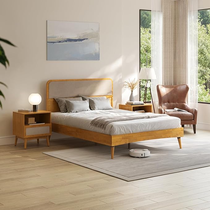 Bme Calista Queen Size Bed Frame – Solid Wood Platform Bed with Upholstered Headboard, Teak Brown Finish, Mid-Century Modern Style with Sturdy Slats & Tapered Legs, No Box Spring Needed