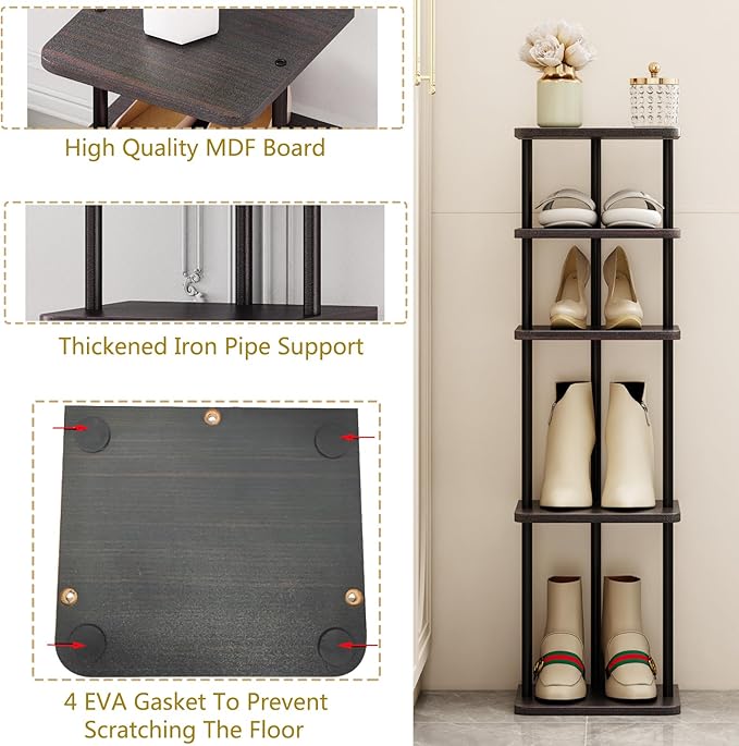 SORCEDAS 5 Tiers Vertical Shoe Rack Wooden Shoe Storage Organizer for Space Saving Narrow Shoe Shelf Storage 5 Pairs for Entryway Living Room Bedroom(Black + Rustic Dark Brown)