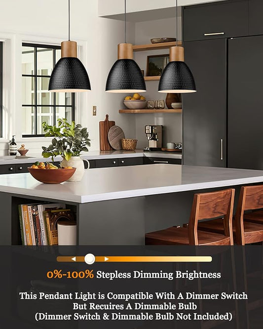 ELYONA 3 Pack Hammered Pendant Lights for Kitchen Island 7” Small Metal Solid Wood Hanging Light Fixtures Adjustable Height Farmhouse Pendant Lighting for Dining Room Bedroom Bar Office, Modern Black