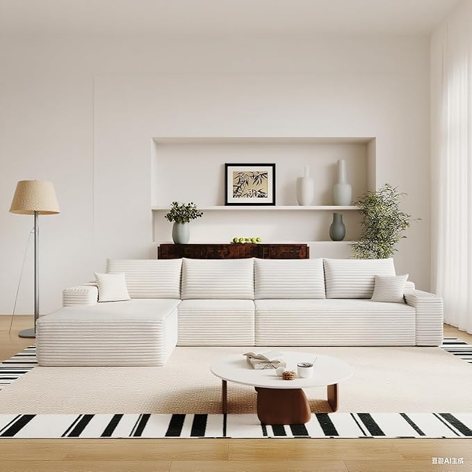 135" Corduroy Couch Sectional with Chaise, L Shape Boneless Cloud Couches for Living Room Bedroom, Modular Corner Couch, Fluffy Deep Seat Compression Sofa, Left Facing Chaise, No Assembly, White