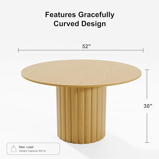Casaphoria 52" Round Dining Table, Modern Wood Kitchen Table with Cylindrical Wide Bar Protruding Base for Living Room & Dining Room, Easy Assembly Farmhouse Furniture for 4-6, Oak