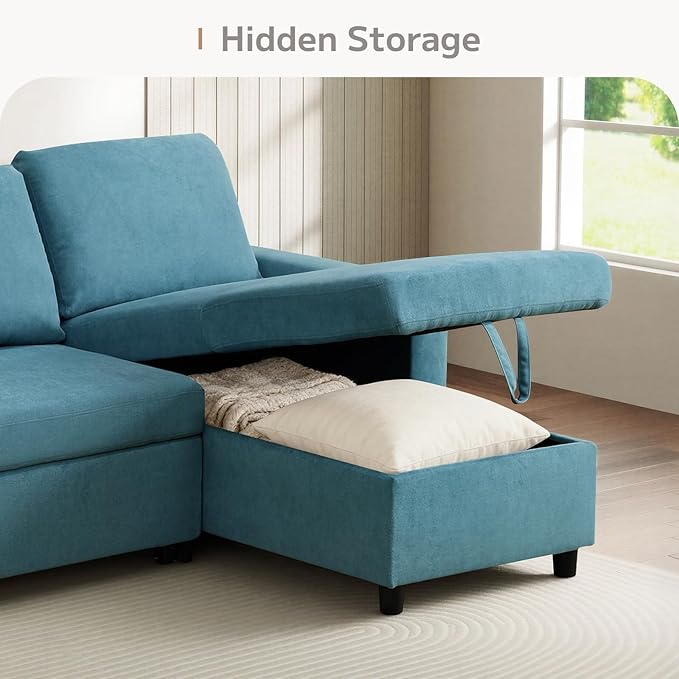 Yafylly L-Shaped Sleeper Sofa with Chaise Lounge & Storage, Pull-Out Couch Bed with Recliner, Full Size Futon for Living Room, Office, Apartment Teal