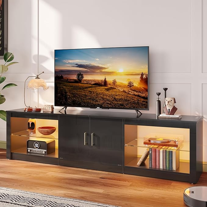 Bestier LED TV Stand for 75 Inch TV Large Entertainment Center Gaming with Storage Glass Shelves Two Cabinets Modern TV Console for Living Room