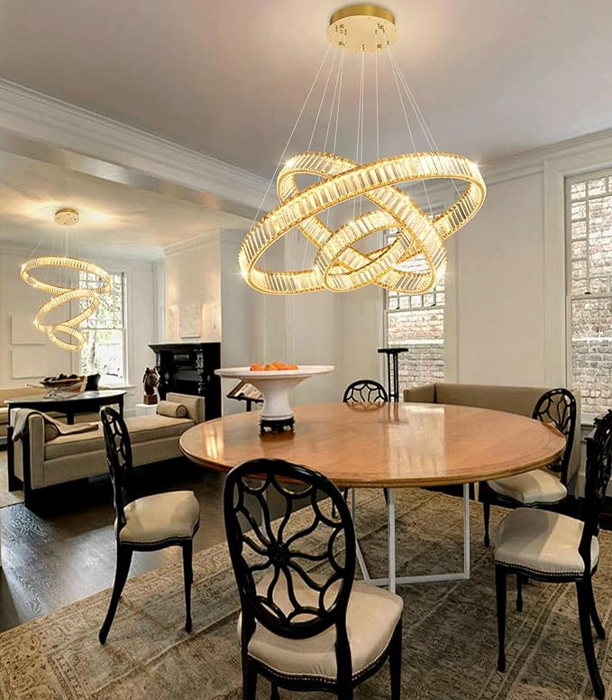 8''+16''+24'' Modern Ring Chandelier Crystal Chandeliers for Dining Room Round LED Dimmable Ceiling Light Fixture for Living Room Bedroom Lighting Gold