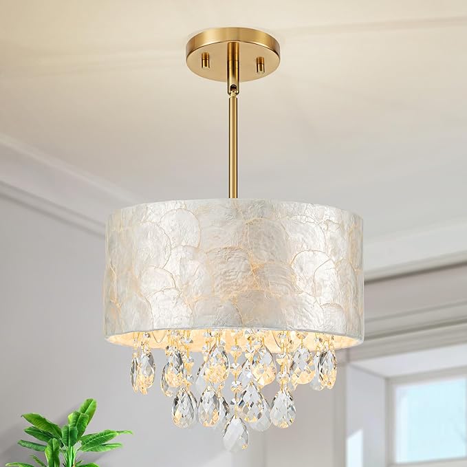 Small 3-Light Drum Capiz Shell Crystal Chandelier, Coastal Style Pendant Light Fixture for Dining Room, Living Room, D12 x H19~49"(Adjustable), Shell Lampshade & Gold Finish