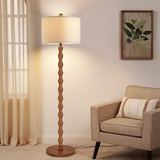 Wood Floor Lamp with 3 Color Temperatures,Boho Floor Lamp with Remote Control,Dimmable LED Floor Lamp Mid Century Modern Standing Lamp Farmhouse Tall Pole Lamp for Living Room Bedroom