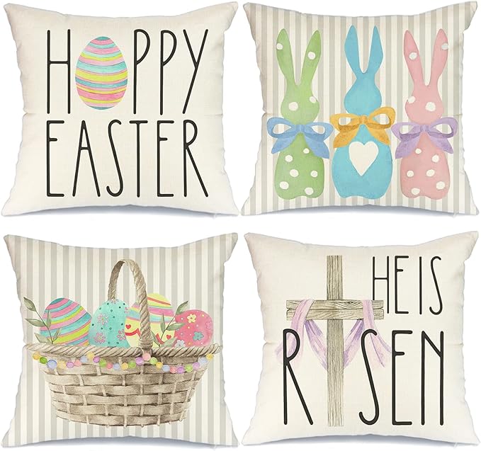 GEEORY Happy Easter Throw Pillow Covers 18x18 Set of 4 Bunny He is Risen Cross Eggs Spring Home Decor for Couch G261-18