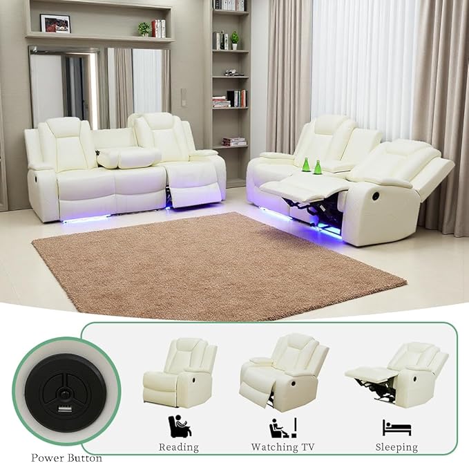 Living Room Furniture Sets, Power Reclining Sofa Set,Vanilla White Leather Sofa Living Room Power Sofa,Loveseat with Cup Holders/Storage Console/LED Light for Living Room