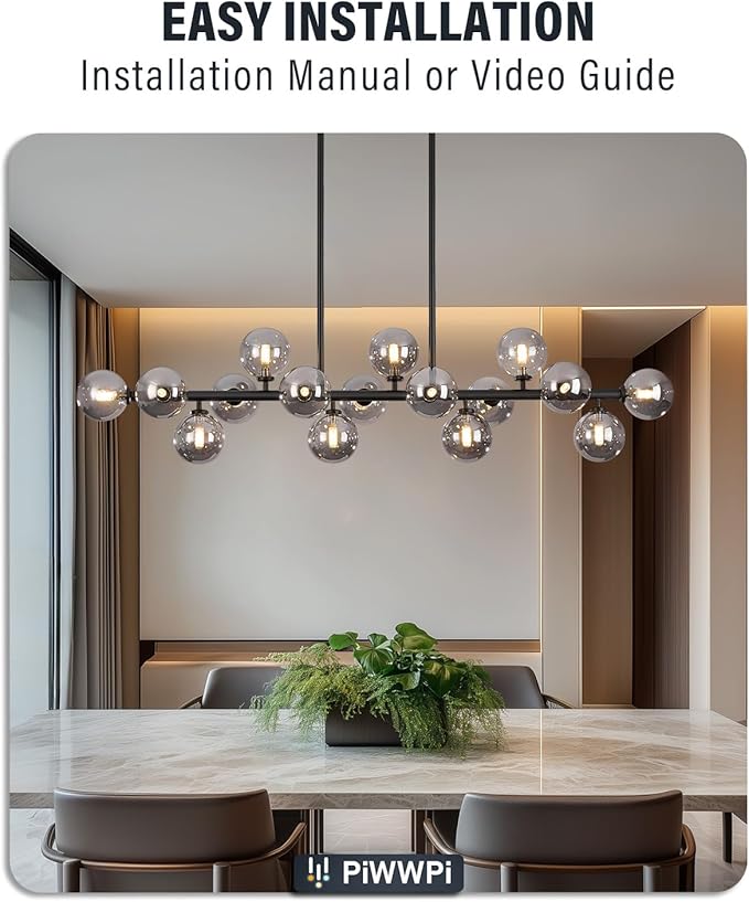 Modern Chandeliers for Dining Room Kitchen Island, 55" Long Large Linear Sputnik Globe Chandelier, 16-Light Mid Century Modern Light Fixture Over Table, Black and Smoke Grey Bubble, GC-08
