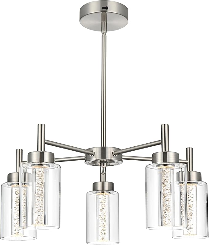 VINLUZ LED 5 Light Modern Chandeliers for Dining Room,Brushed Nickel Finish Hanging Lighting Fixture with Crystal Bubble Clear Glass Shade Kitchen Island for Hanging