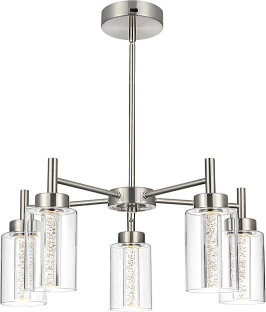 VINLUZ LED 5 Light Modern Chandeliers for Dining Room,Brushed Nickel Finish Hanging Lighting Fixture with Crystal Bubble Clear Glass Shade Kitchen Island for Hanging
