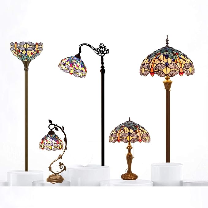 WERFACTORY Tiffany Floor Lamp Sea Blue Yellow Stained Glass Dragonfly Arch Lamp 12X18X64 Inch Gooseneck Adjustable Corner Stand Reading Light Decor Bedroom Living Room S128 Series
