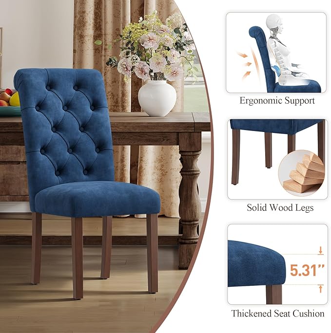 Upholstered Tufted Dining Room Chairs Set of 2, Parsons Kitchen Chairs with Padded Seat and Solid Wood Legs, Fabric Accent Side Diner Chair for Dining Room/Kitchen/Living Room, Blue