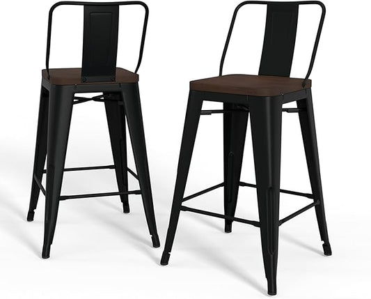 SIMPLIHOME Rayne Industrial Metal 24 inch Metal / Wood Counter Height Stool (Set of 2) in Black for the Dining Room and Kitchen