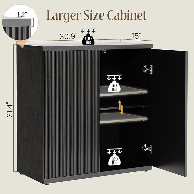 Fluted Buffet Cabinet Sideboard with Storage, Wooden Credenza with 2 Doors & Adjustable Shelf, Modern 15" Deep Accent Cabinet for Living Room, Kitchen Dining Room Entryway,Black