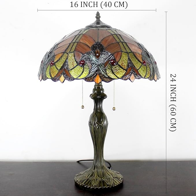 WERFACTORY Tiffany Table Lamp Red Liaison Stained Glass Style Bedside Lamp 16X16X24 Inches Antique Desk Reading Light Metal Base Decor Bedroom Living Room Home Office S160R Series