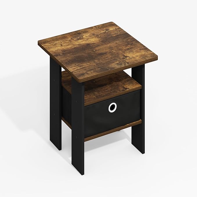 Furinno Modern Side Table, Square Top End Table with Storage Bin, Night Stand, Bedside Table with Storage Shelf, for Living Room, Bedroom, Amber Oak