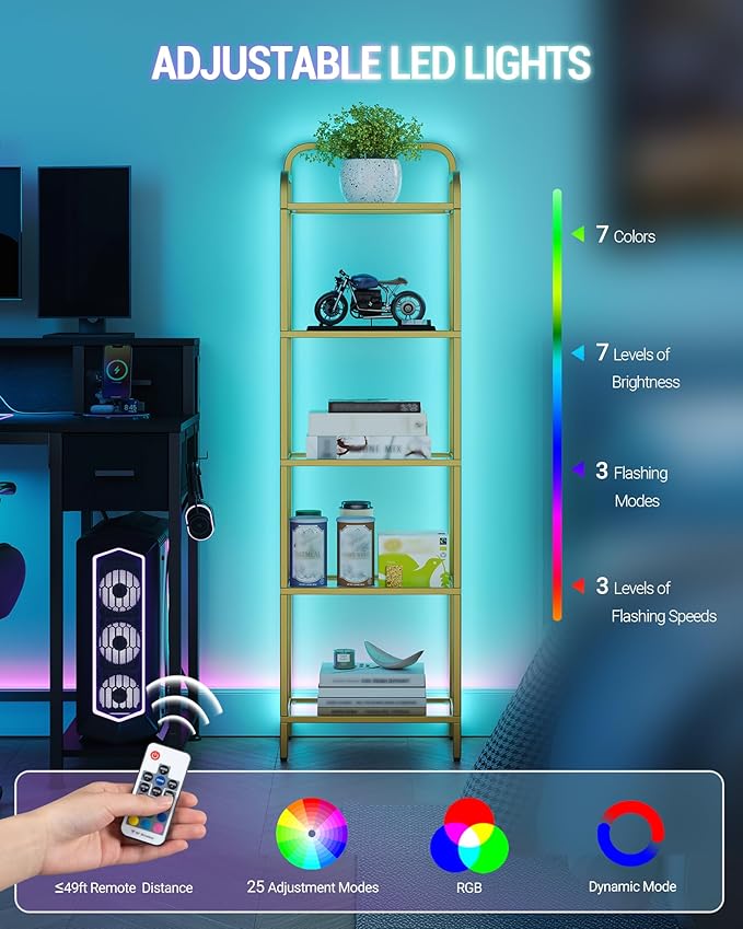 Bookshelf, Tall Narrow Bookcase with LED Lights, Tempered Glass Bookshelves with Steel Frame, Display Shelf, Slim Shelving Unit for Living Room, Bedroom, 9.6"D x 15.4"W x 55.9"H Gold BC34599G