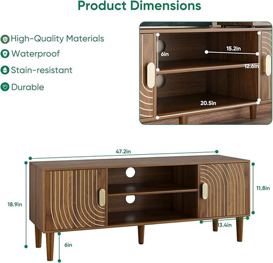 47" TV Stand for TVs up to 55 Inch, Entertainment Center with Storage and Adjustable Shelves, Modern Media Console for Living Room, Walnut