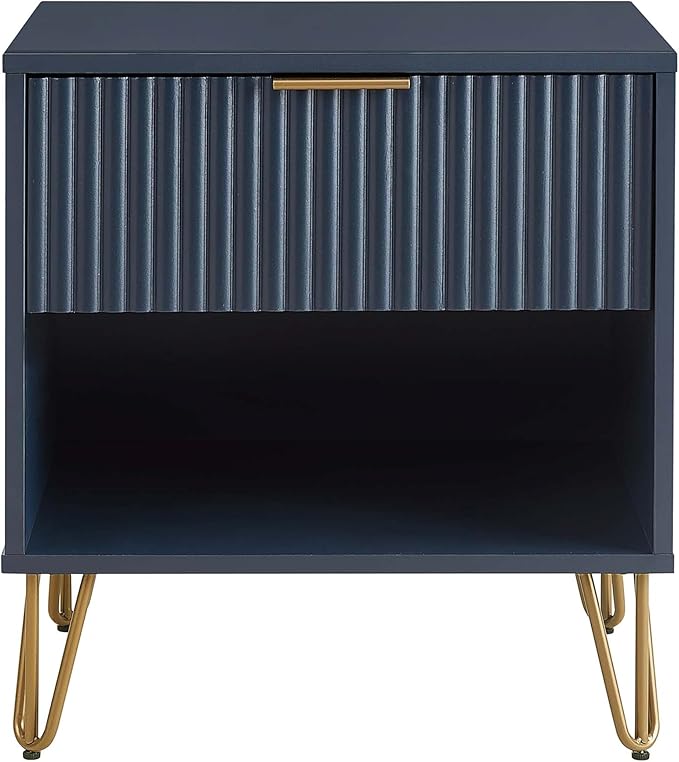 Manhattan Comfort Dumbo Fluted Nightstand with Drawer and Open Shelf, Gold Hairpin Legs and Metal Handle, Snap Tool-Free Assembly, Modern Bedside Accent Table for Bedroom, Living Room in Midnight Blue