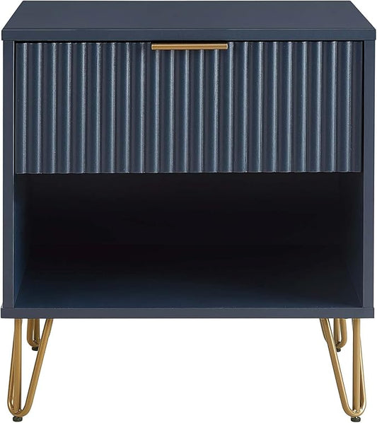 Manhattan Comfort Dumbo Fluted Nightstand with Drawer and Open Shelf, Gold Hairpin Legs and Metal Handle, Snap Tool-Free Assembly, Modern Bedside Accent Table for Bedroom, Living Room in Midnight Blue