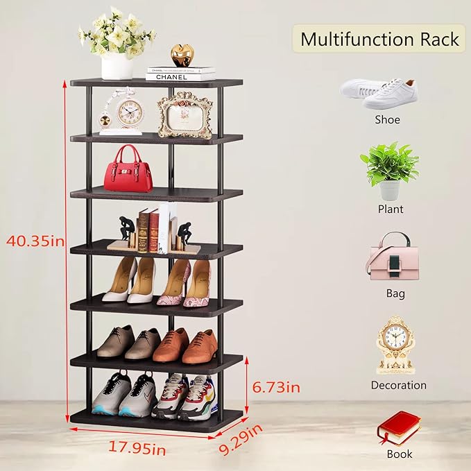SORCEDAS 7 Tiers Vertical Shoe Rack Wooden Shoe Storage Organizer for Space Saving Narrow Shoe Shelf Storage 14 Pairs for Entryway Living Room Bedroom(Black + Rustic Dark Brown)