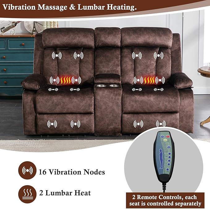 GUEAPY Power Reclining Loveseat with Heat & Massage,Love Seat Reclining Sofa with Console, Cup Holders, USB & Type-C Ports, Storge, 2 Seat Couches for Living Room, Apartment, RV or Office (Brown)