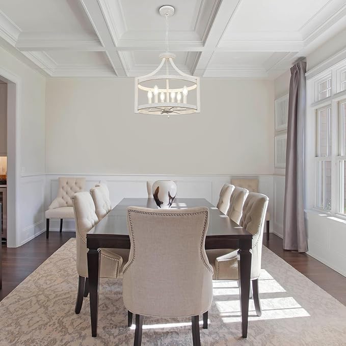 Farmhouse Chandelier for Dining Room, 6-Light Distressed White Hanging Light Convertible Semi Flush Mount Ceiling Light Fixture, Metal Vintage Pendant Lighting for Kitchen Foyer Entryway