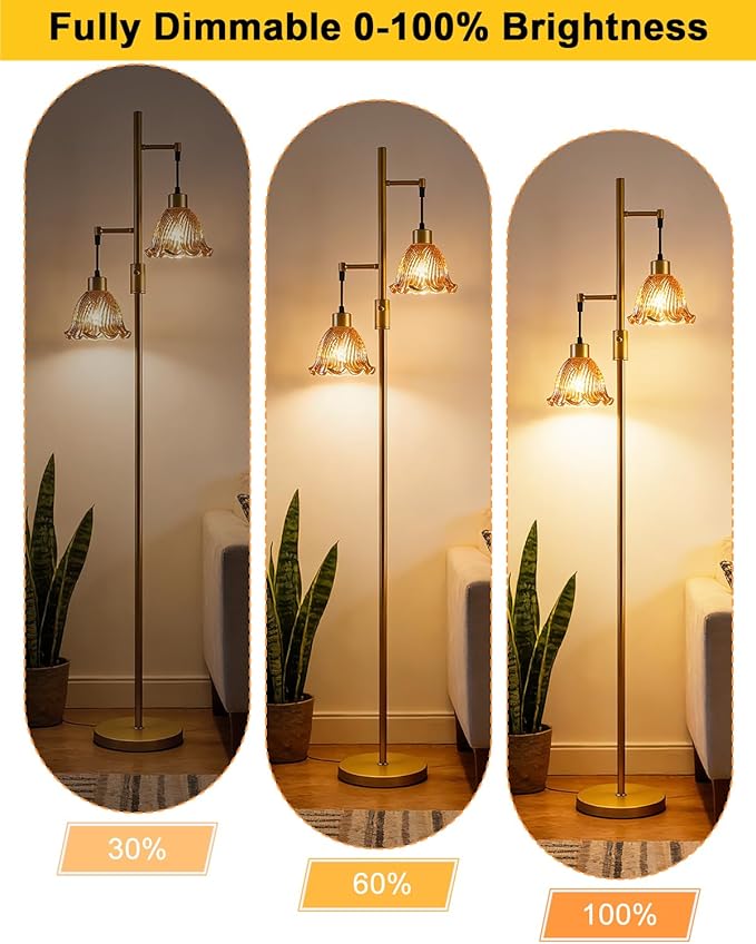 Lightdot 2- Light Gold Floor Lamp for Living Room, 65IN Dimmable Floor Lamps with Brown Glass Shade&3000K Warm White Bulbs, Modern Standing Tall Lamp for Bedroom Office