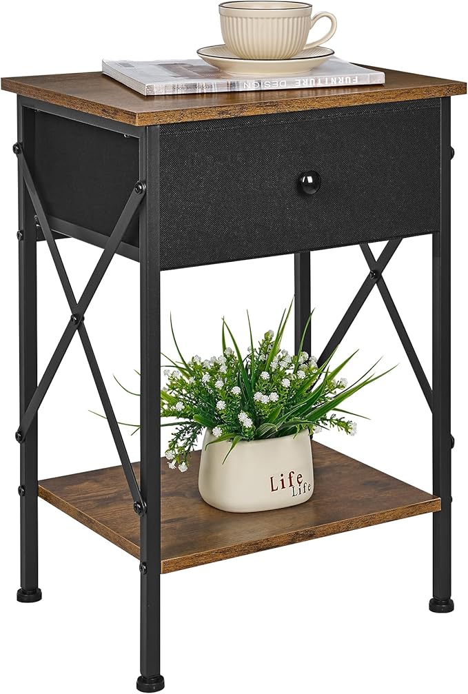 VECELO Nightstand, X-Design End Side Table with Fabric Storage Drawer and Open Shelf, Bedside Night Stand with Steel Frame for Bedroom, Living Room,Dorm, Easy Assembly, Antique Brown